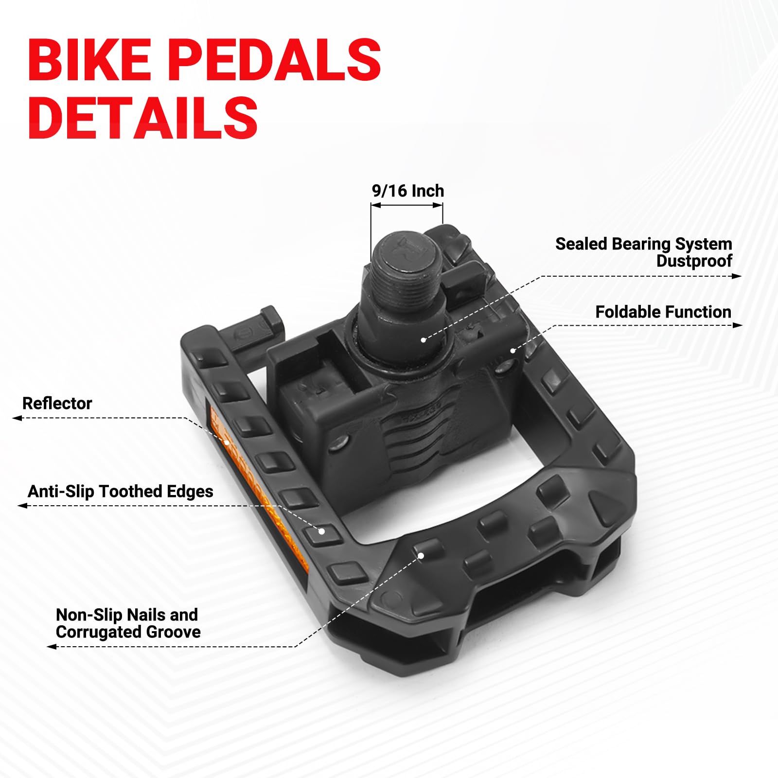 TT-EBIKE Folding Bike Pedals, Bicycle Foldable Pedals with Reflective Strip, Universal 9/16 inch Non-Slip Wide Platform Cycling Pedals for Folding Bike, E-Bike, Road Bike, Commute City MTB Bikes